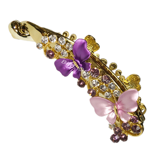 Haarspange Bananenspange Schmetterlinge Acryl Metall & Strass lila violett gold - zum Schließen ins Bild klicken