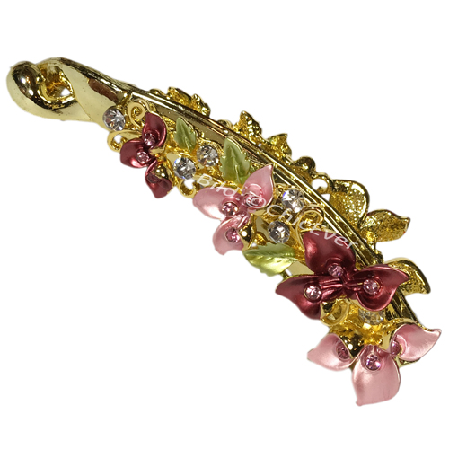 Haarspange Bananenspange Blume Acryl Metall & Strass rosa rot gold - zum Schließen ins Bild klicken